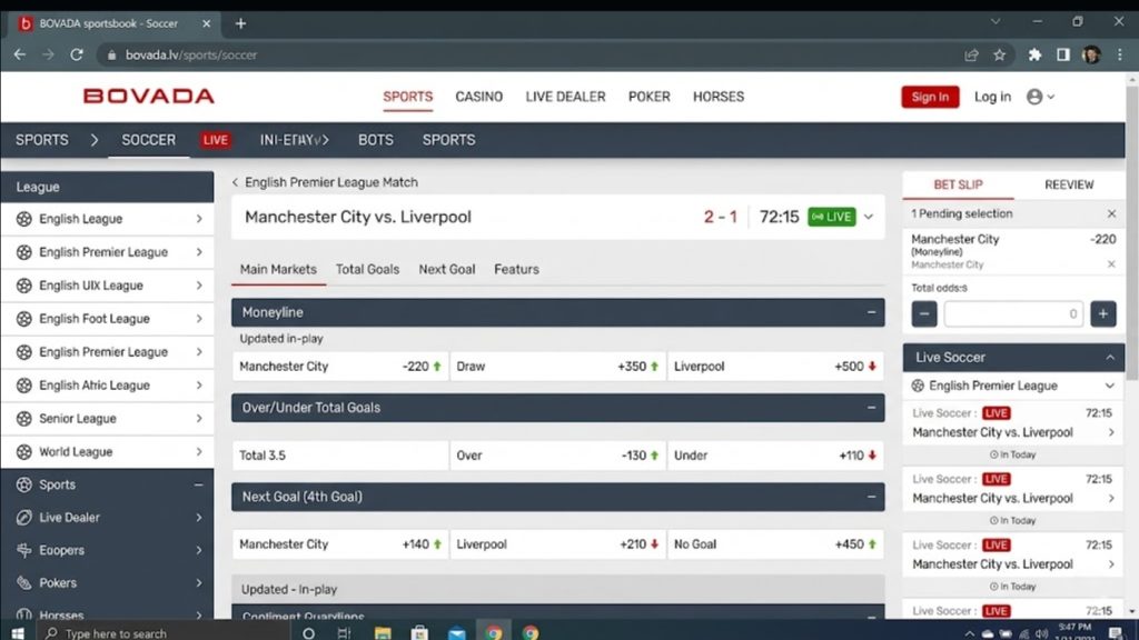A desktop web browser screenshot displaying the Bovada sportsbook user interface for a live soccer match with updated in-play moneylines, over/under totals, and a bet slip panel for world cup betting.