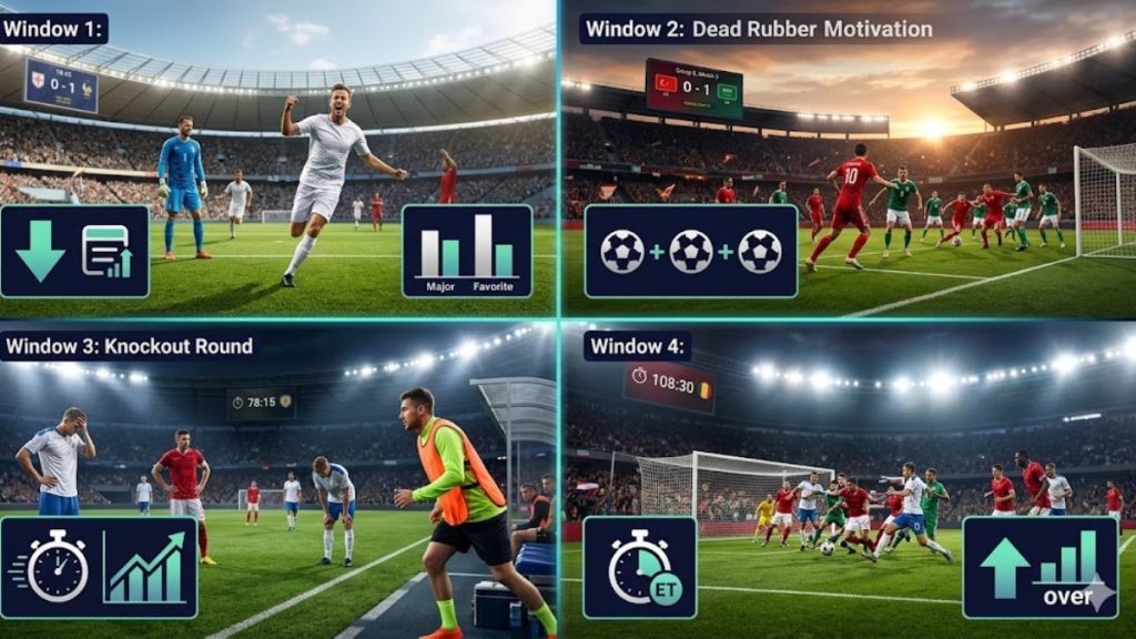 A four-panel infographic explaining different strategic "Value Windows" for live soccer matches, highlighting in-play data trends and indicators useful for advanced world cup betting.