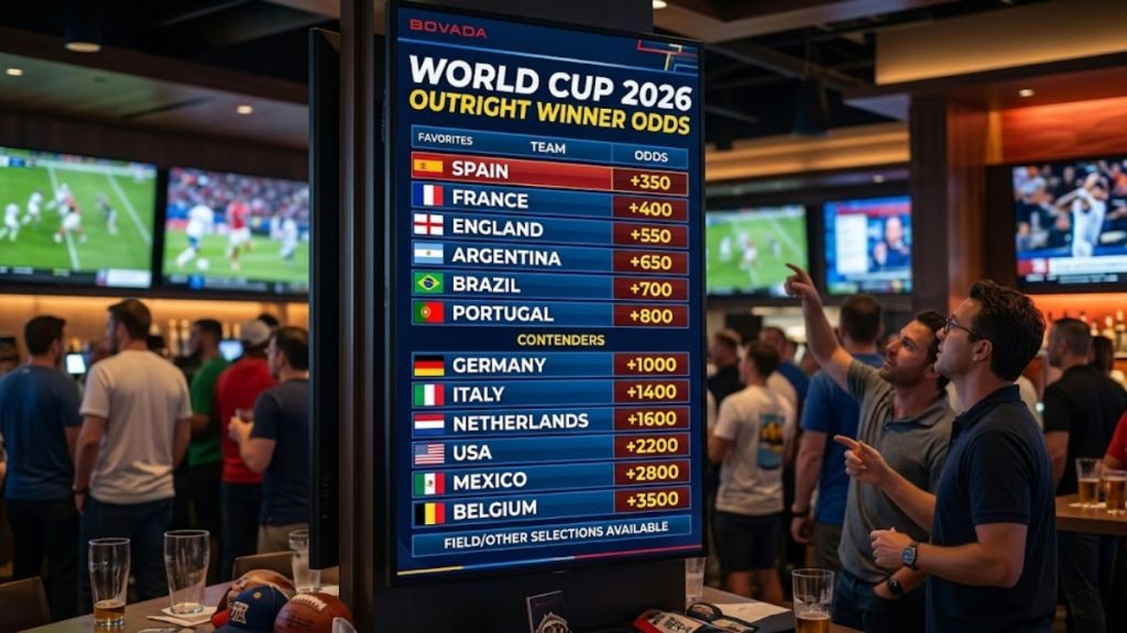 2026 World Cup Predictions: Patrons in a lively sports bar look at a Bovada digital sportsbook display showing World Cup 2026 Outright Winner Odds for top favorites like Spain, France, England, and Argentina.
