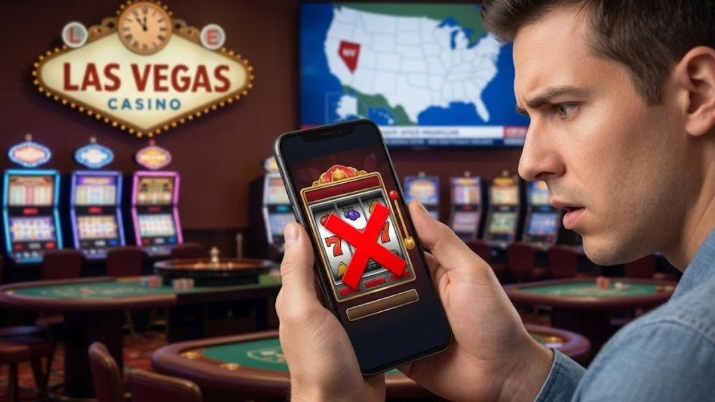 A man looking confused at his smartphone screen, which shows a mobile slot machine game with a large red 'X' over it. In the background, a vintage Las Vegas Casino sign and real slot machines represent the state's strict regulations regarding online casino games versus legal Nevada Sports Betting.
