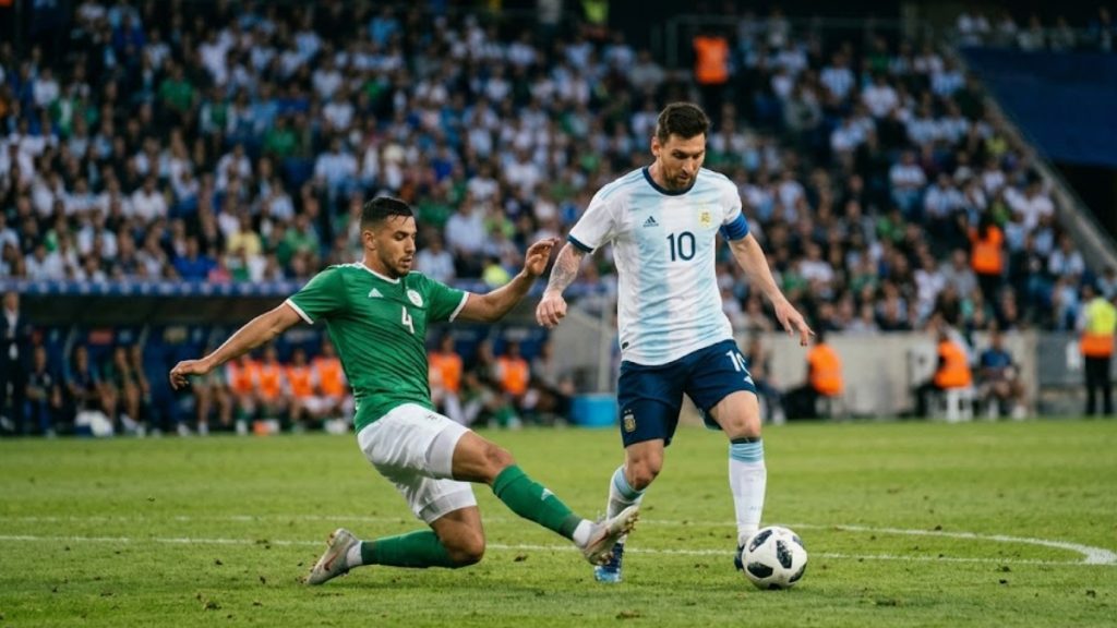 An action-shot graphic showing an on-field player battle with a stadium crowd background, highlighting the upcoming Argentina vs Algeria match odds.