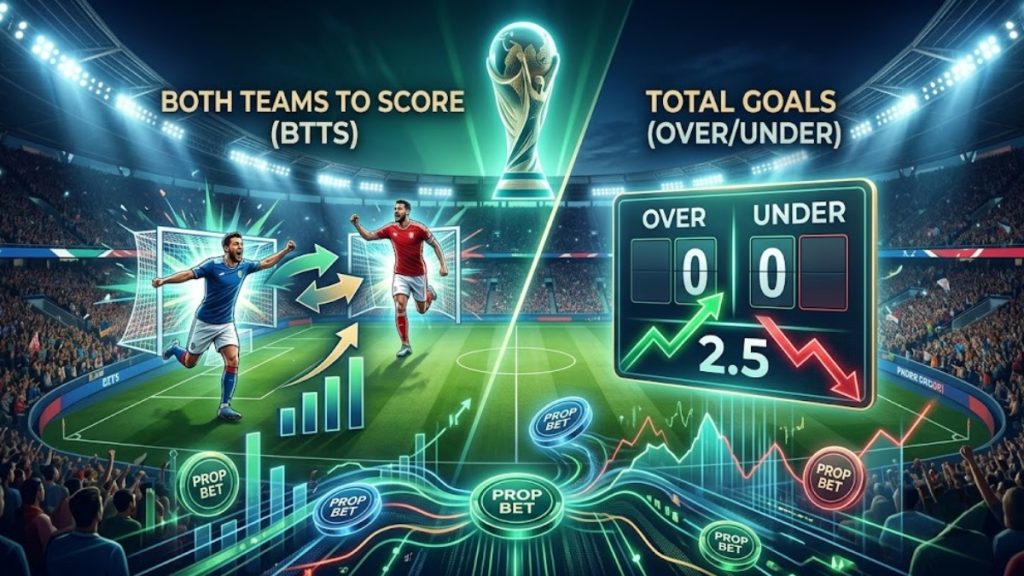 A vibrant conceptual illustration comparing two popular World Cup Prop Bets: Both Teams to Score (BTTS) showing soccer players celebrating, and Total Goals Over/Under shown on a stadium scoreboard.