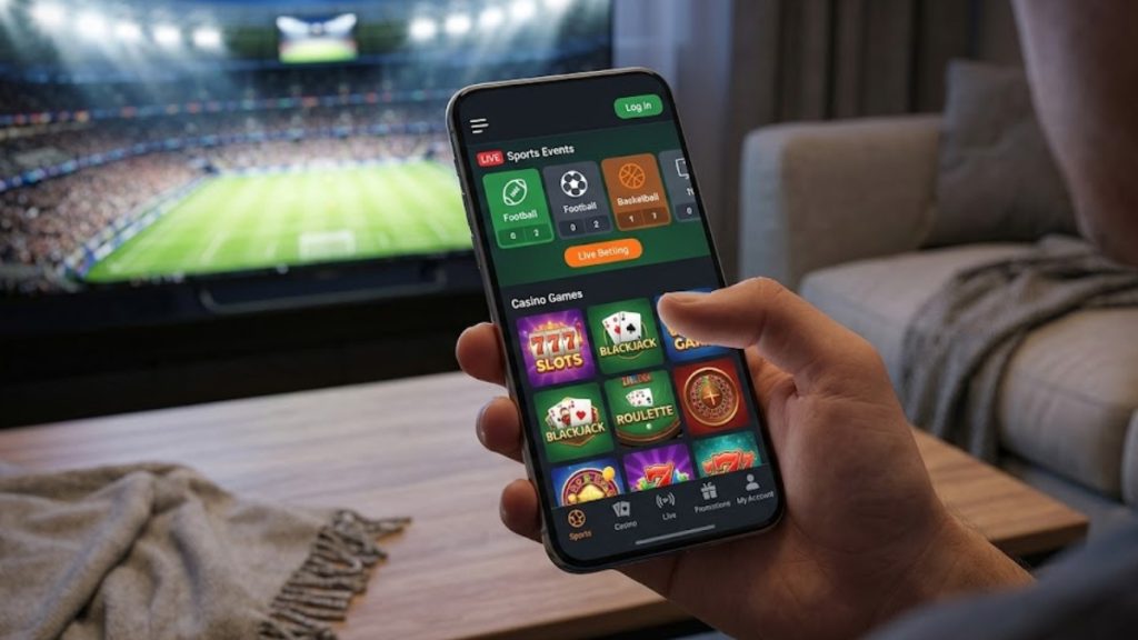 A person holding a smartphone showing an online casino and sports wagering application, focusing on Georgia sports betting options while watching a football match on a large living room television screen.