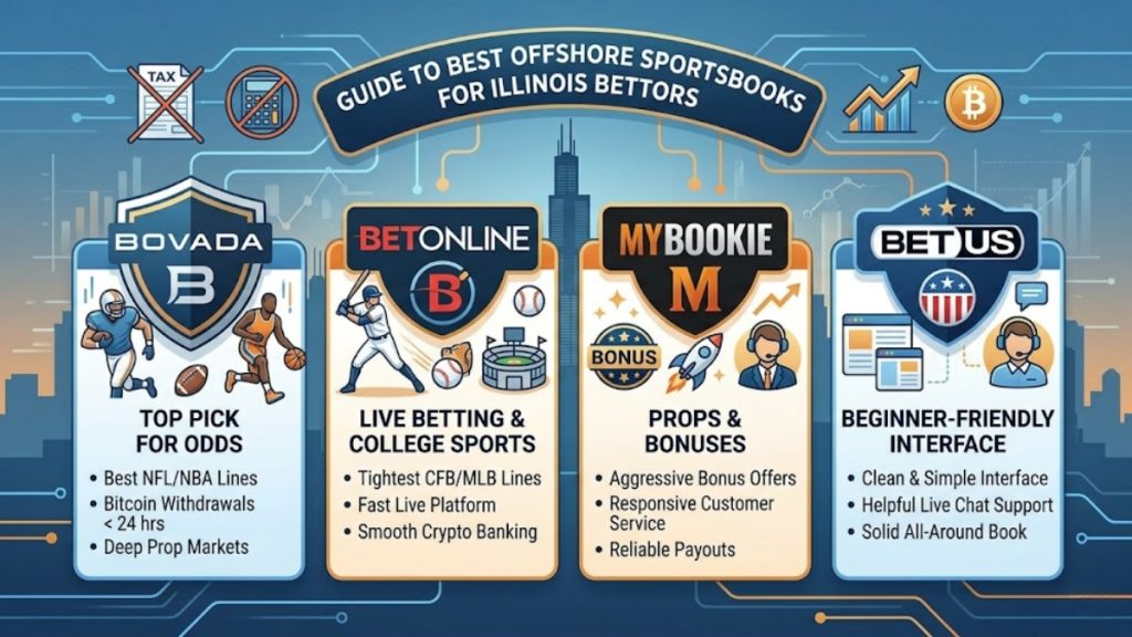 An infographic comparing offshore betting options like Bovada, BetOnline, MyBookie, and BetUS, highlighting their specific line advantages and crypto capabilities to clarify options when users ask is sports betting legal in illinois.