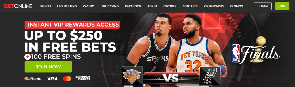 BetOnline review promotional banner on the desktop homepage interface offering instant VIP rewards access of up to $250 in free bets plus 100 free spins, featuring an NBA Finals theme with players from the New York Knicks and San Antonio Spurs, alongside cryptocurrency and credit card payment options.