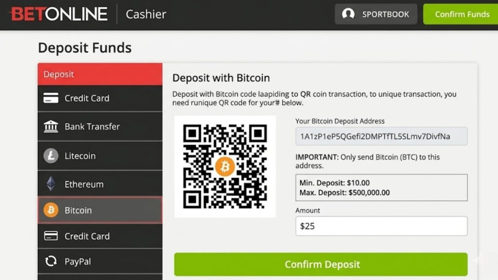 BetOnline Review 2026: The BetOnline desktop cashier dashboard showing how to deposit funds using Bitcoin with a QR code and cryptocurrency payment address.