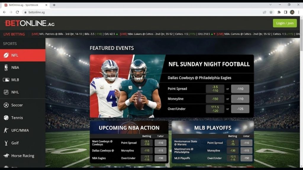 BetOnline Review 2026: The official web homepage layout of BetOnline AG, featuring promotional banners for NFL Sunday Night Football and upcoming NBA action betting options.