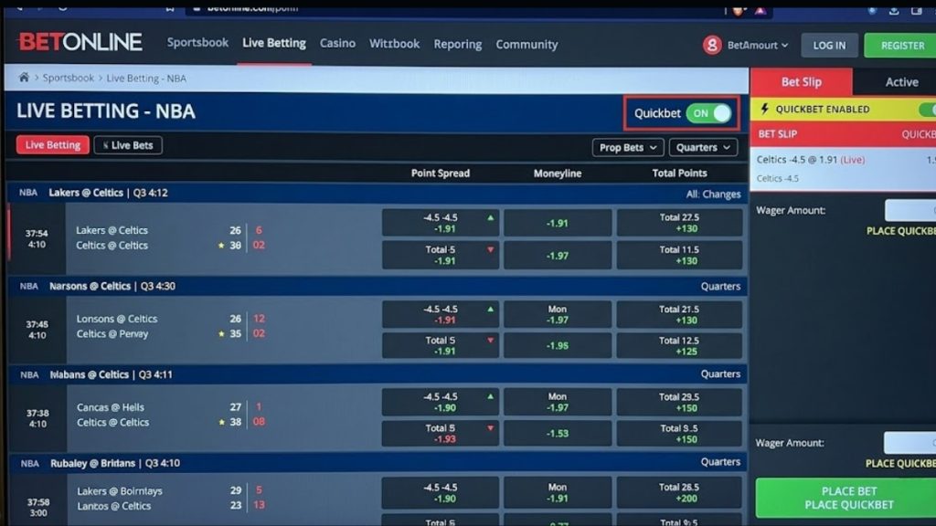 BetOnline Review 2026: A desktop screen capture highlighting the real-time live betting interface for NBA games on BetOnline with the Quickbet feature enabled.