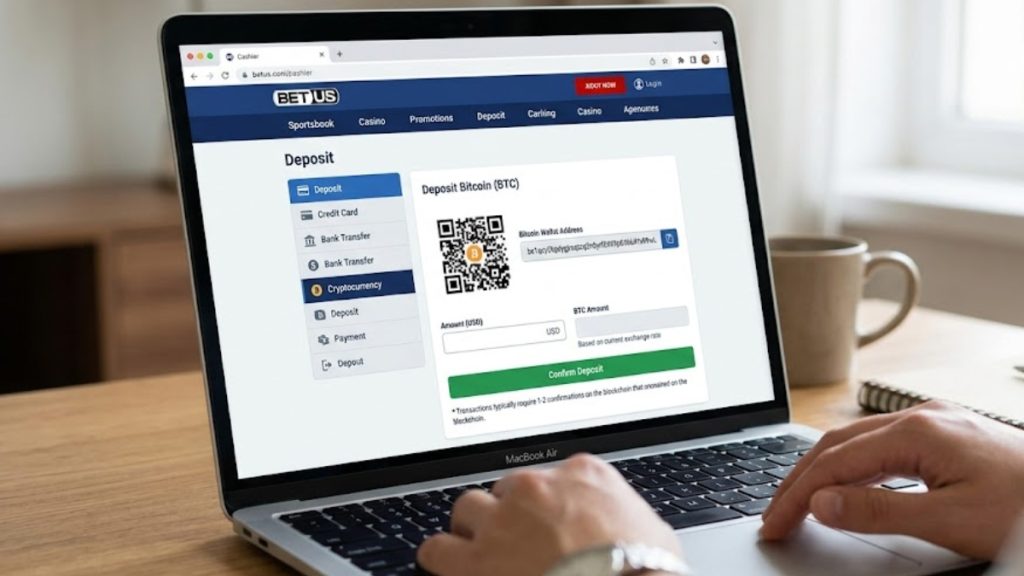 A user accessing the BetUS online cashier on a MacBook Air, showing the Bitcoin deposit page with a QR code and crypto wallet address, highlighting banking options in the MyBookie vs BetUS matchup.
