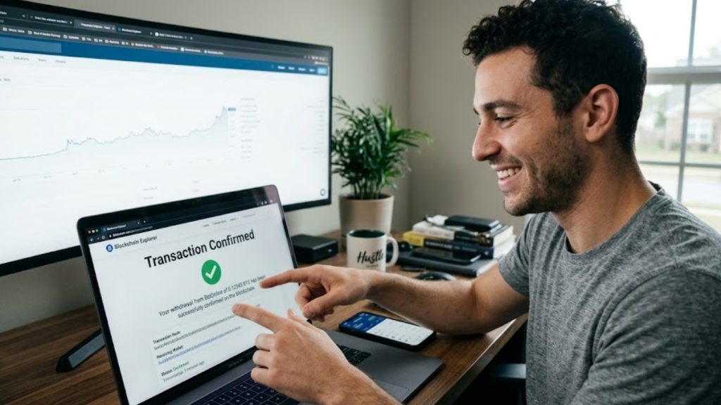 A smiling man pointing to a laptop screen that shows a transaction confirmation for an offshore sportsbook crypto payout via a Bitcoin blockchain explorer.