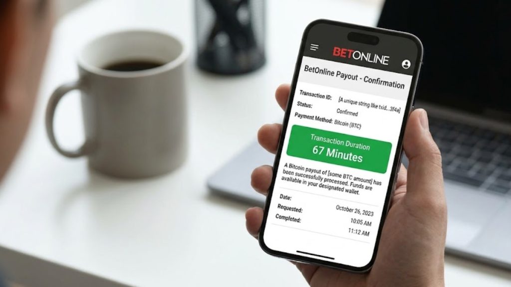 A person holding a smartphone showing a BetOnline confirmation page for a 67-minute offshore sportsbook crypto payout via Bitcoin next to a coffee cup.