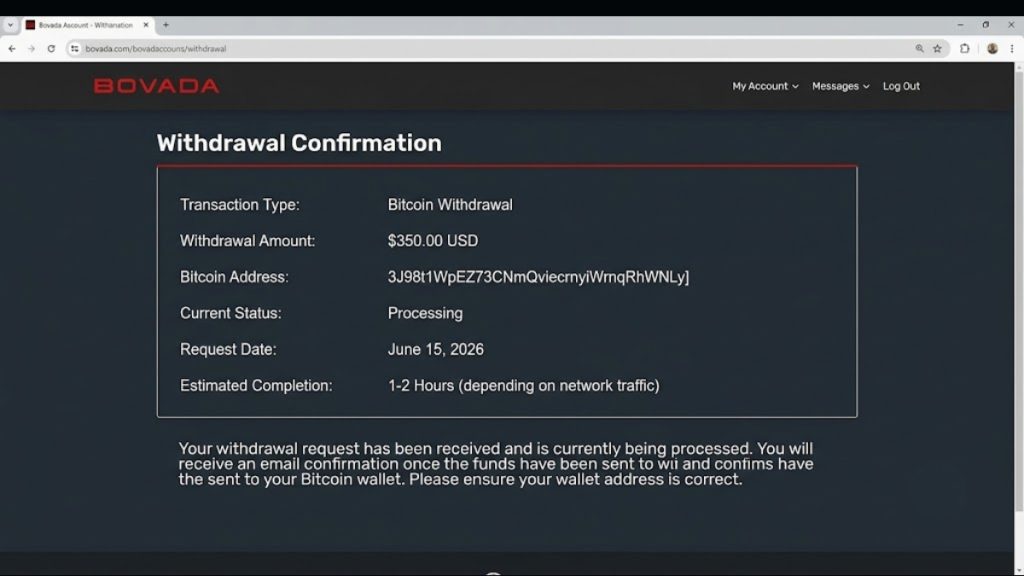 A screen showing a Bovada withdrawal confirmation page for a Bitcoin transaction, featured in a Bovada vs MyBookie analysis of withdrawal speeds.