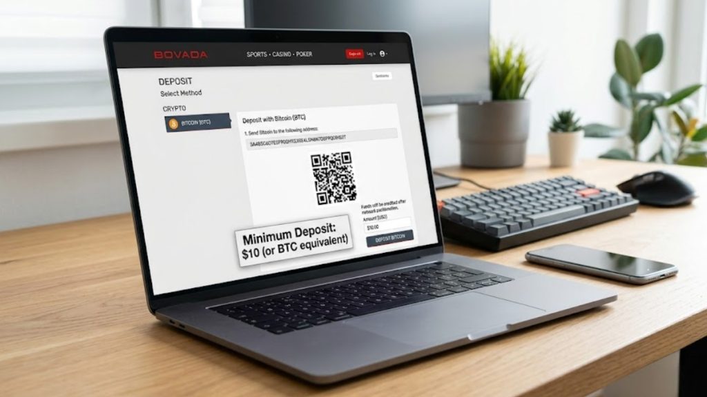 A laptop screen showing the Bovada crypto deposit page with a Bitcoin QR code and instructions for a Bovada vs MyBookie payment methods analysis.