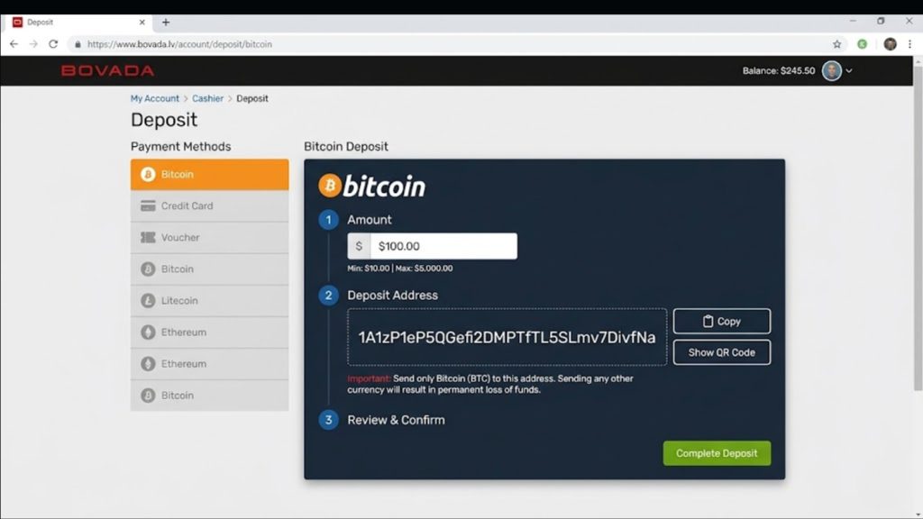 A desktop screenshot of the Bovada cashier interface showing a Bitcoin deposit screen with wallet addresses used for funding online sports betting in Texas accounts.