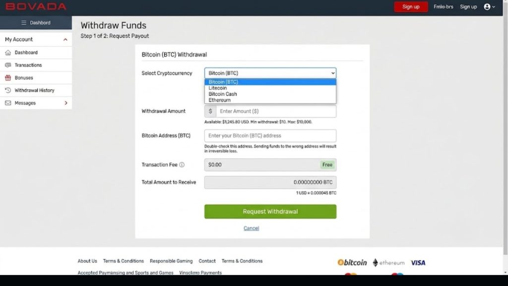 The Bovada website user interface showing the 'Withdraw Funds' dashboard screen used to request a standard offshore sportsbook crypto payout using Bitcoin, Litecoin, or Ethereum.