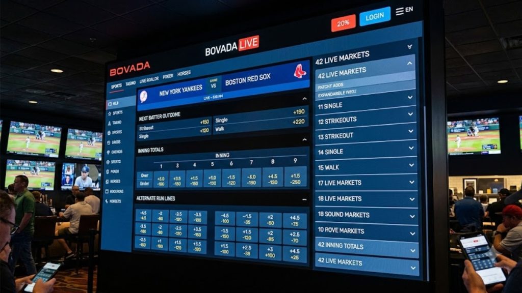 A large screen displaying the Bovada live betting interface for an MLB game, highlighting features for a Bovada vs MyBookie performance review.
