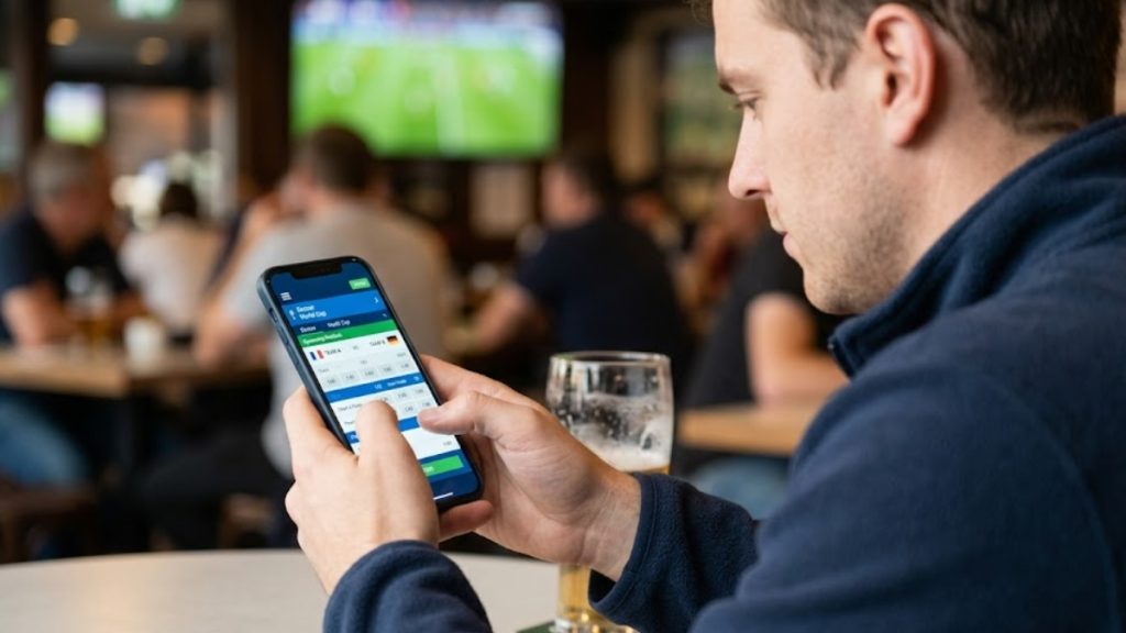 A close-up of a man checking real-time mobile wagering odds at a crowded sports bar, demonstrating how residents engage with sports betting in Texas.