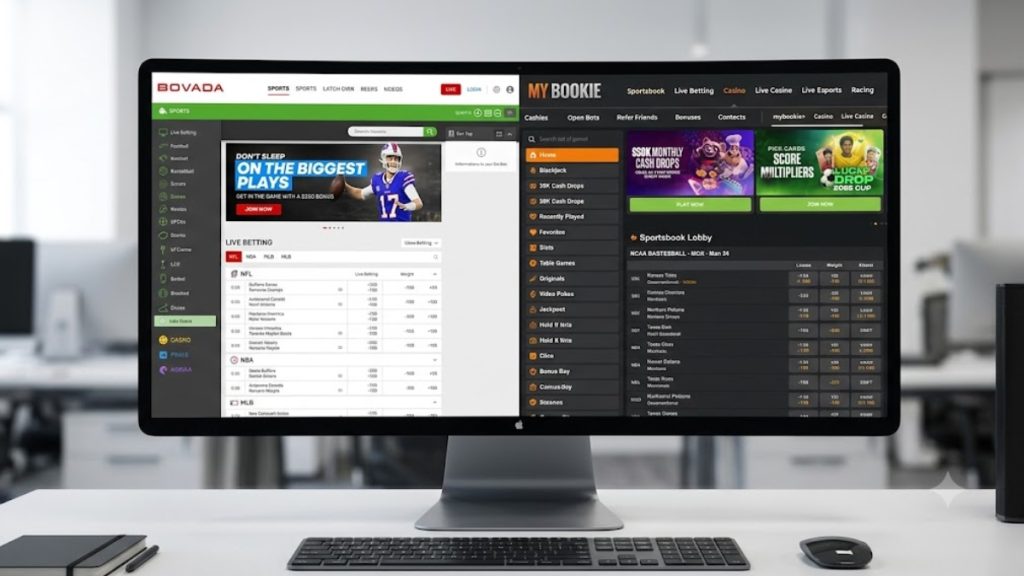 A desktop monitor displaying a side-by-side view of the Bovada and MyBookie homepages, providing a visual Bovada vs MyBookie interface comparison.