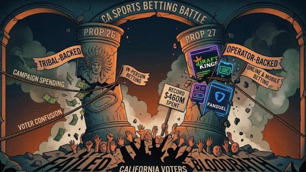 A dramatic illustration depicting the California sports betting battle between tribal-backed Proposition 26 and operator-backed Proposition 27, showing cracked pillars amidst record campaign spending and voter confusion.