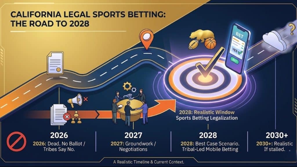 A strategic roadmap tracking the legislative outlook from 2026 to 2030, charting the potential path forward and answering Is Sports Betting Legal in California with a realistic window for tribal-led mobile wagering by 2028.