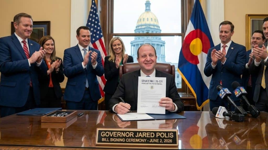 Colorado Governor Jared Polis holds up a document titled Senate Bill 26-131 at a desk with a nameplate reading Bill Signing Ceremony - June 2, 2026, while surrounded by applauding officials with the state capitol dome visible in the background, marking the official passage of Colorado SB26-131.