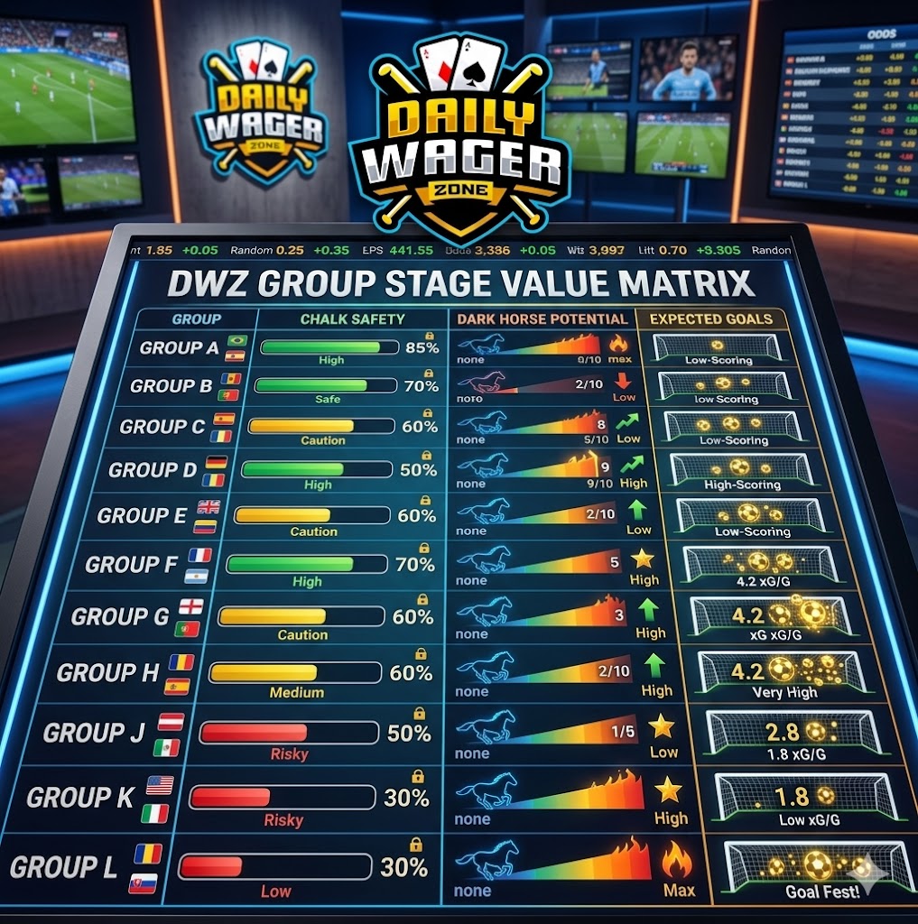 A data matrix chart displayed on a studio console comparing different tournament groups by their historical safety parameters and expected scoring metrics for planning World cup group stage bets.