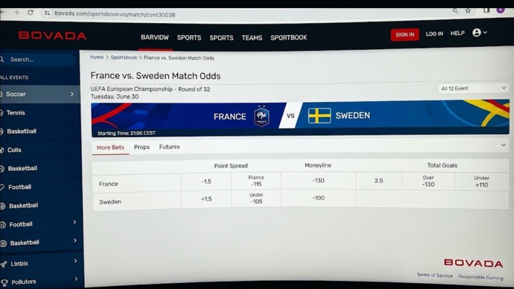 A desktop screenshot of the Bovada sportsbook platform displaying the France vs Sweden betting odds for the UEFA European Championship Round of 32 match, including point spread, moneyline, and total goals.