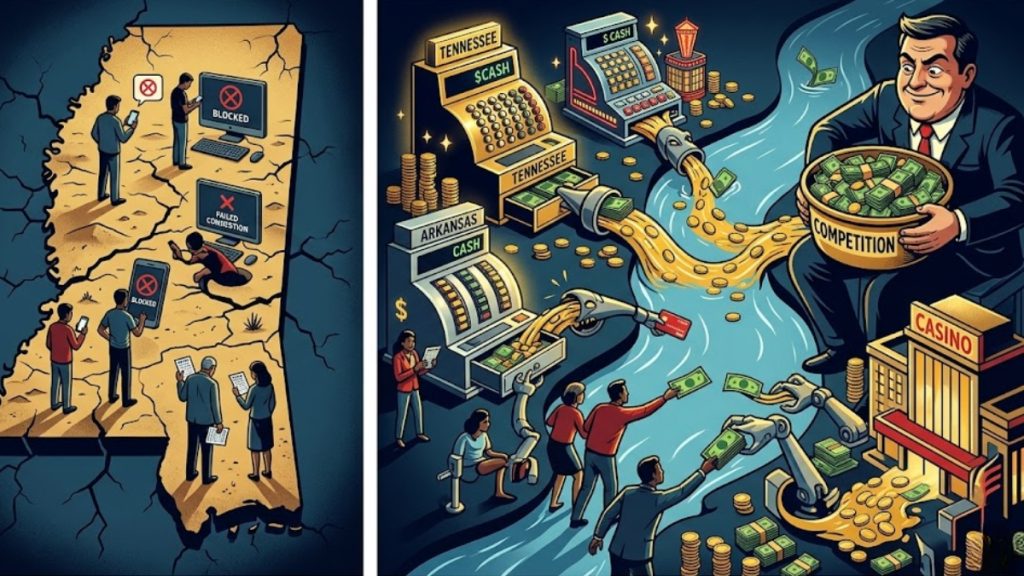 A two-panel cartoon infographic contrasting blocked users on a Mississippi state map with a competitor state drawing in massive tax revenue, highlighting the economic debate over a mississippi online sports betting bill.