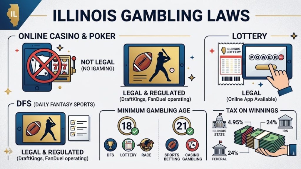 An infographic breaking down state gaming regulations, showcasing legal daily fantasy sports and sports betting under DraftKings and FanDuel, alongside federal and state tax breakdowns on winnings.