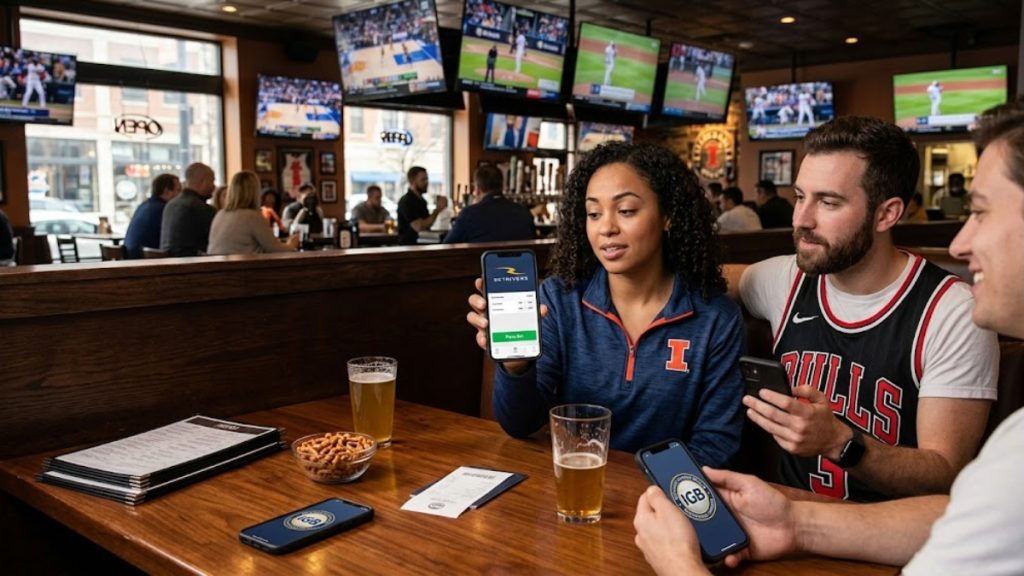 A group of friends sitting at a sports bar table holding smartphones with active betting interfaces, showing how residents participate in mobile wagering.