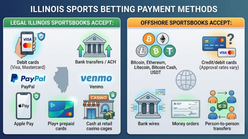 A visual guide detailing available payment methods, showing a comparison between legal state-regulated apps accepting debit cards or PayPal, and offshore options accepting cryptocurrencies like Bitcoin.
