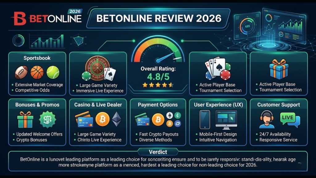 BetOnline Review 2026: An infographic dashboard overview giving a 4.8 out of 5 rating breakdown for the sportsbook, casino, banking options, and user experience features.