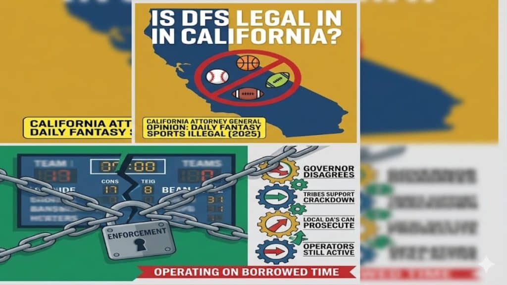 A split infographic exploring legalities, with the top section questioning if daily fantasy sports are permitted next to a California state map, and the bottom section illustrating enforcement chains and legal roadblocks.