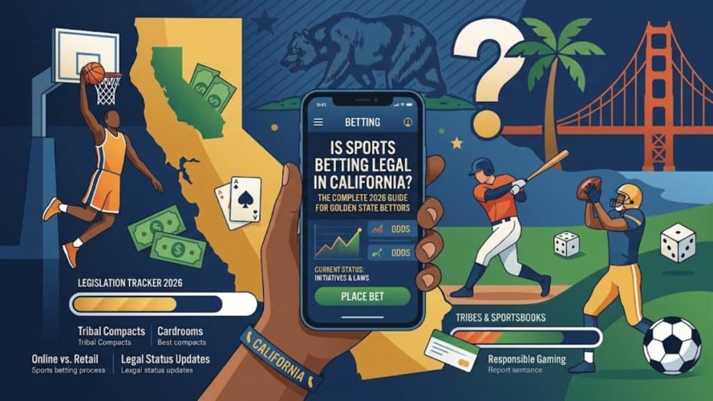 A vibrant digital illustration featuring a smartphone app screen that explicitly asks Is Sports Betting Legal in California?, surrounded by icons of basketball players, baseball batters, and California landmarks like the Golden Gate Bridge.