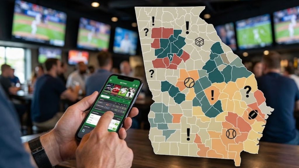 A user checking live odds on a mobile device inside a busy sports bar, featuring a prominent graphic map of the state highlighting various regions for Georgia sports betting information.