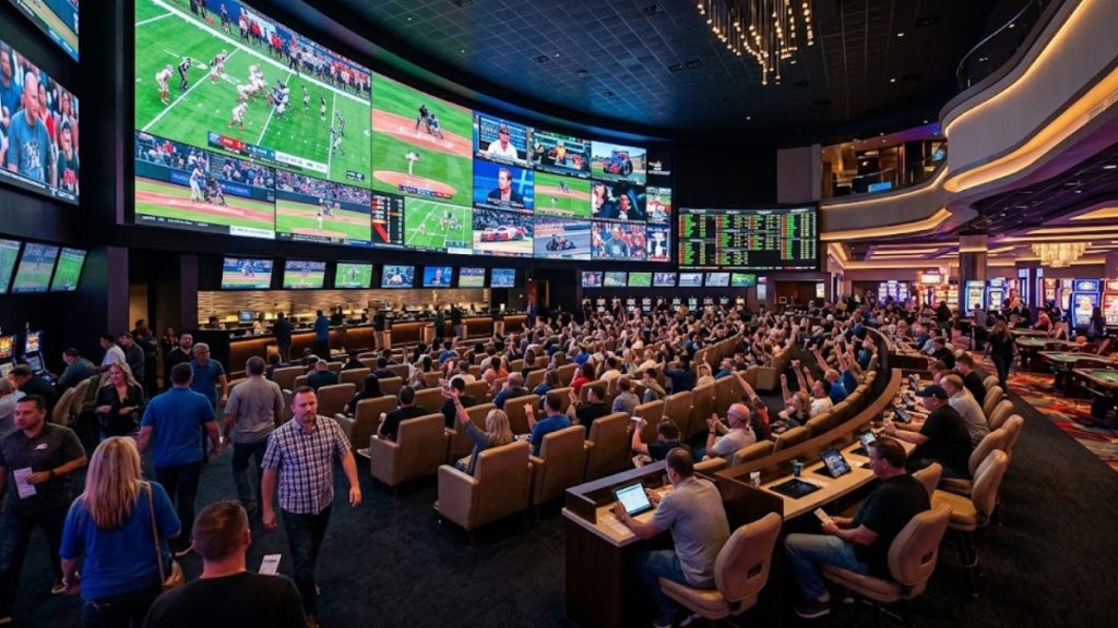 A crowded, massive stadium-style retail sportsbook arena inside a Las Vegas casino. Hundreds of bettors are seated in lounge chairs watching a giant panoramic wall of high-definition screens broadcasting multiple live sporting events, capturing the classic legal Nevada Sports Betting environment.