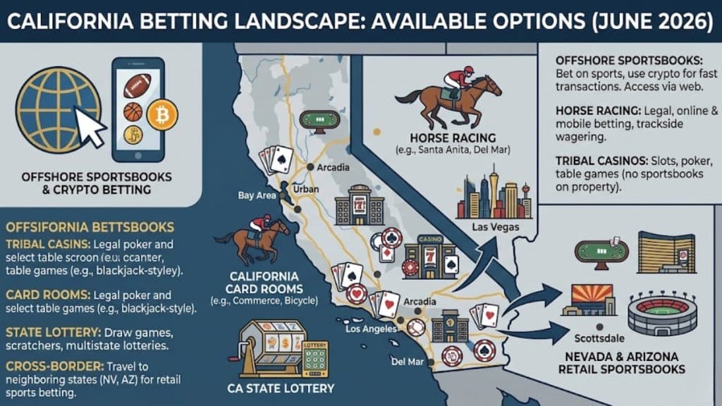 A regional breakdown map titled California Betting Landscape, illustrating alternative legal options for residents including horse racing tracks, tribal casinos, card rooms, and state lotteries while answering Is Sports Betting Legal in California.