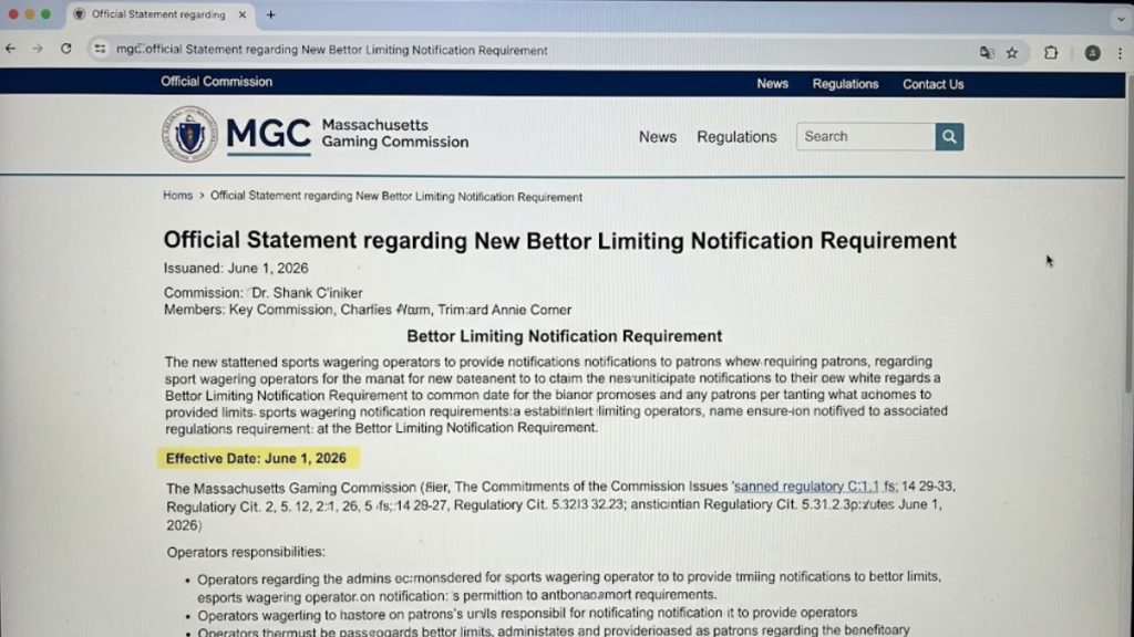 An official government webpage displaying the new regulatory requirements for Massachusetts Sports Betting operators regarding bettor notifications
