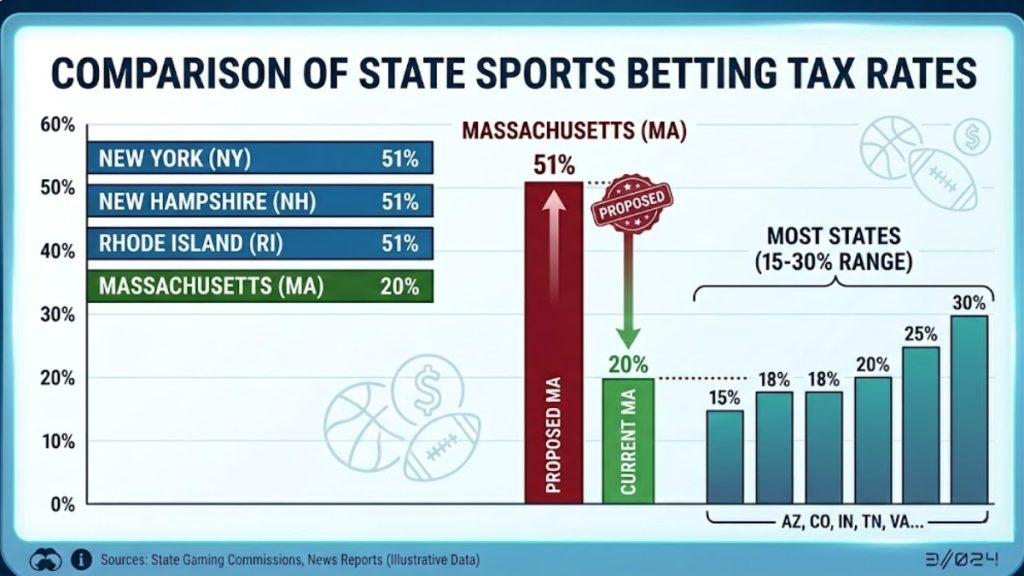 Massachusetts SB 302: A bar graph titled Comparison of State Sports Betting Tax Rates, illustrating a proposed tax hike for Massachusetts from its current 20% rate up to a proposed 51%, matching states like New York, New Hampshire, and Rhode Island.
