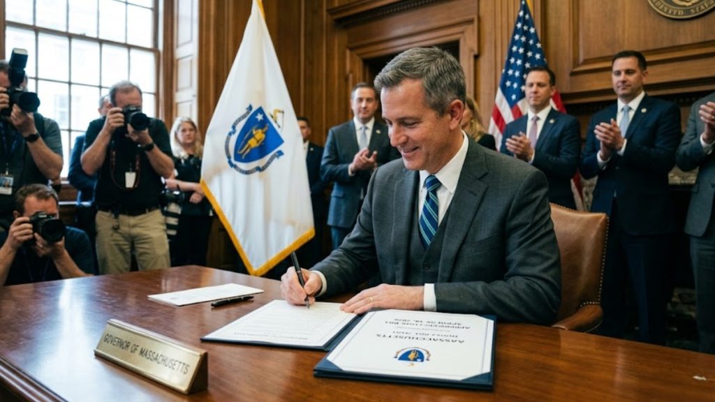 A government official sitting at a large wooden desk, signing official documents labeled "Massachusetts" and "House Bill." He is surrounded by members of the legislature clapping in support, with the state flag of Massachusetts visible in the background. This visual highlights discussions surrounding the Massachusetts Sports Betting Bill June 2026 and how the state's legislative approach compares to other states.