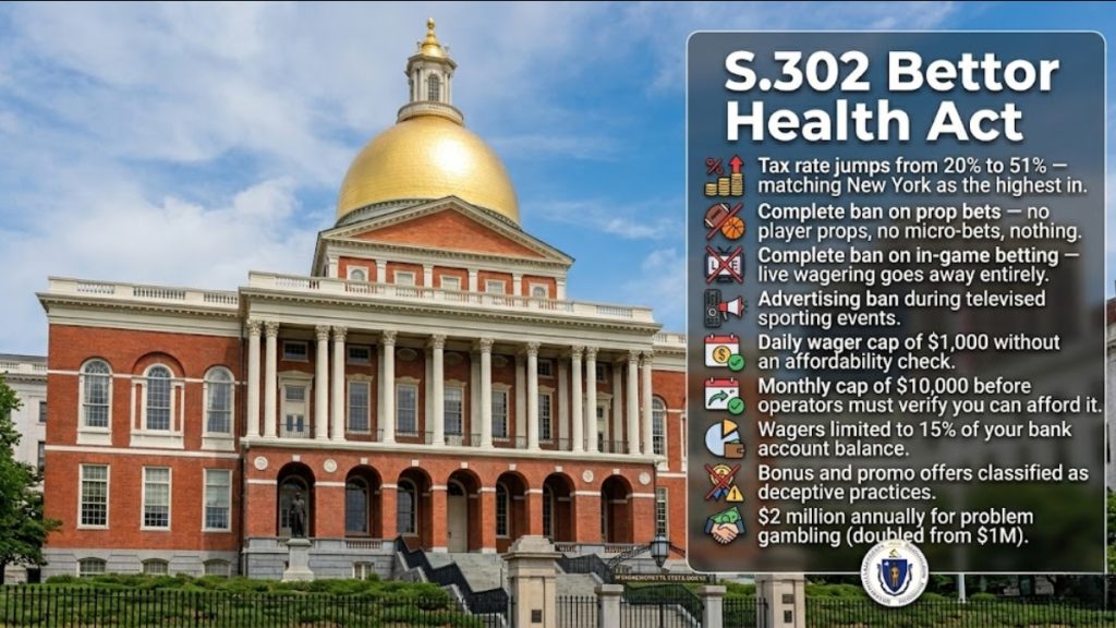 An infographic superimposed over the Massachusetts State House detailing the "S.302 Bettor Health Act" provisions. The text outlines regulatory changes under the Massachusetts Sports Betting Bill June 2026, including a tax rate jump to 51%, a complete ban on prop bets and in-game betting, advertising restrictions, and daily/monthly wager limits.