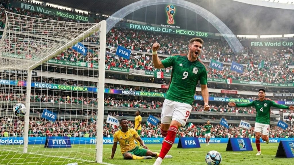 Action shot of a player celebrating a goal during the Mexico vs South Africa FIFA World Cup 2026 opening match at Estadio Azteca, with fans cheering in the background
