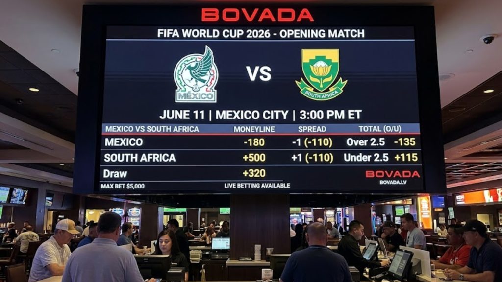Digital betting board at a sports book displaying the odds for the Mexico vs South Africa FIFA World Cup 2026 opening match, showing moneyline, spread, and total bets