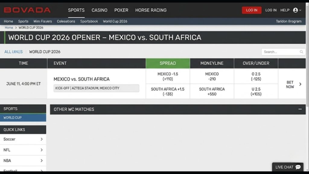 A Bovada sportsbook desktop screenshot displaying the betting lines, point spread, moneyline, and over/under total for the World Cup opening match at Estadio Azteca, providing key data for Mexico vs South Africa Best Bets.