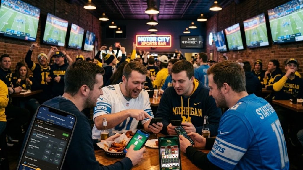 Group of friends wearing Detroit Lions and Michigan Wolverines gear cheering at a crowded sports bar while using mobile devices to check odds, showcasing real-life examples of is sports betting legal in Michigan.