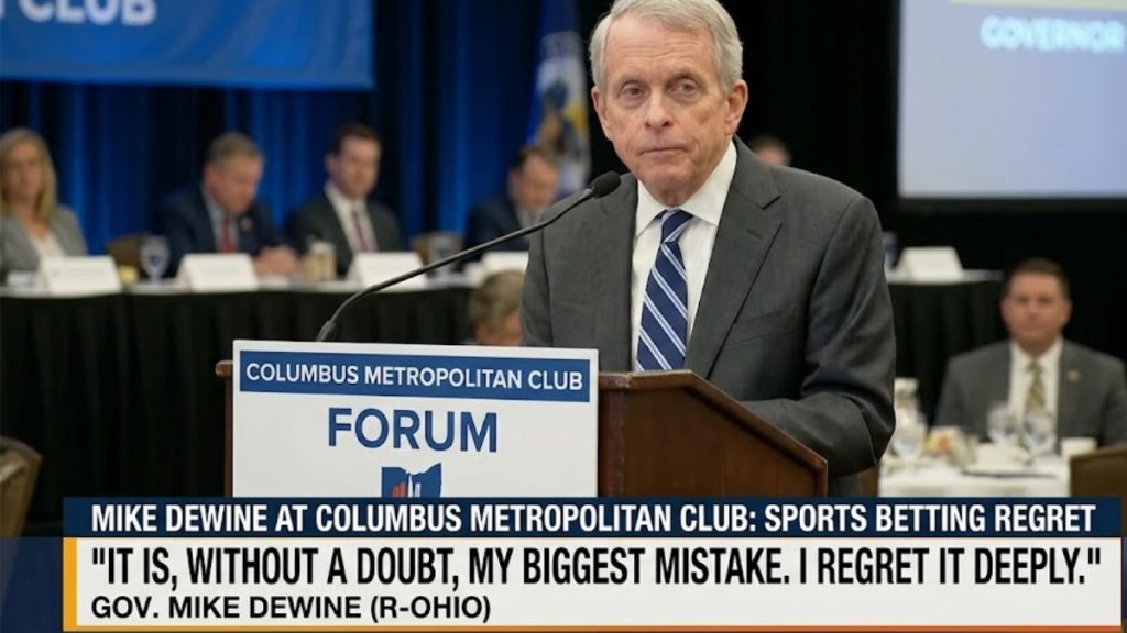 Governor Mike DeWine speaking at a podium during a Columbus Metropolitan Club forum. An on-screen graphic quotes him saying, "It is, without a doubt, my biggest mistake. I regret it deeply," underscoring the political and executive scrutiny driving the legislative adjustments in the Ohio Sports Betting Bill June 2026.