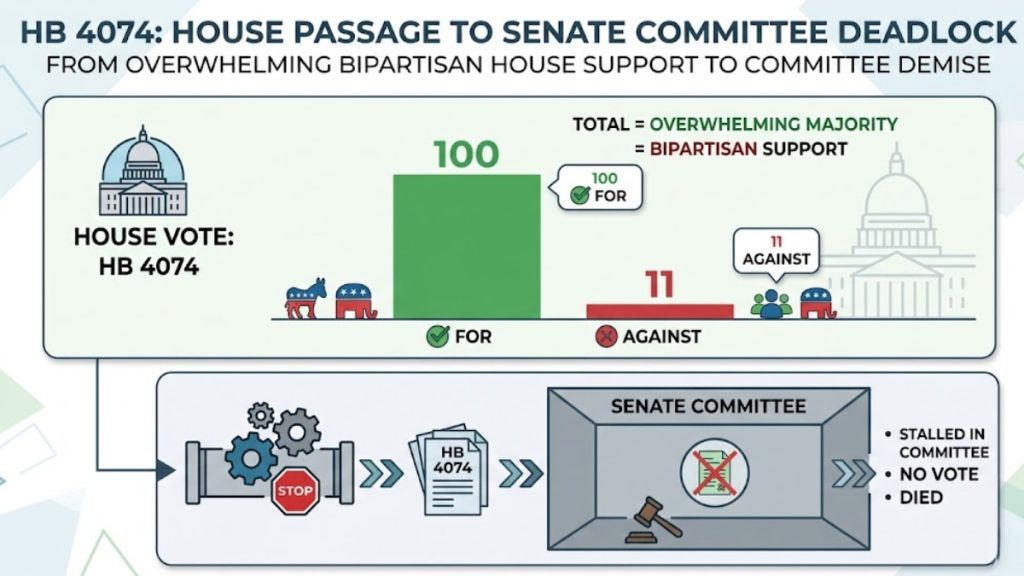 A legislative vote infographic tracking HB 4074 showing strong bipartisan House support moving into a Senate committee deadlock where the mississippi online sports betting bill ultimately died.