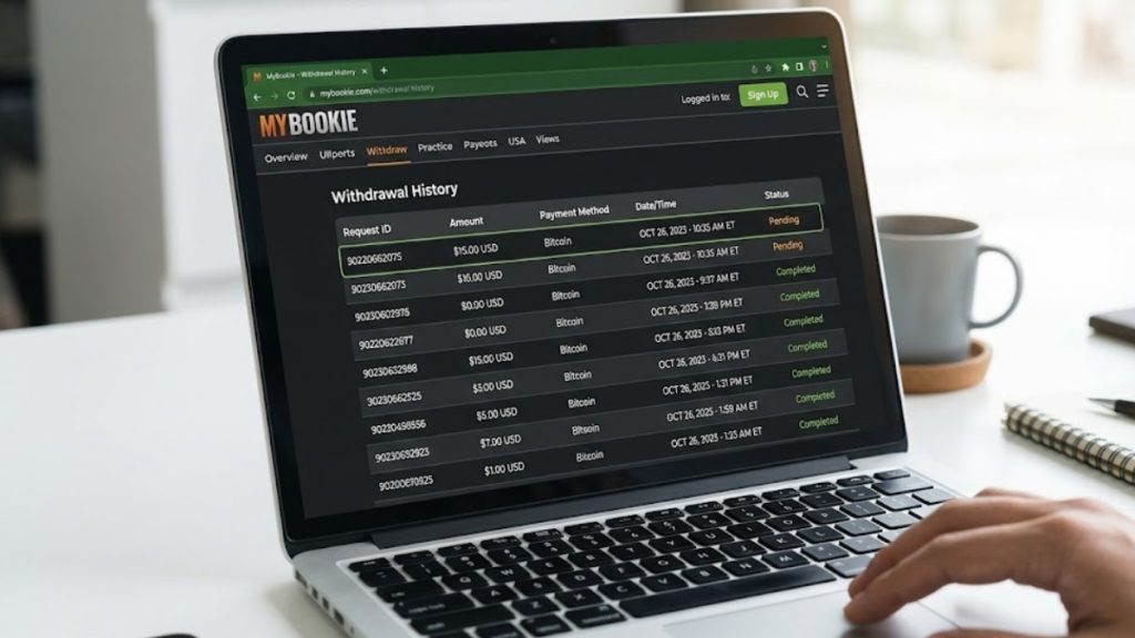 A laptop screen displaying the withdrawal history page on MyBookie showing pending and completed Bitcoin transactions for a Bovada vs MyBookie payout comparison.