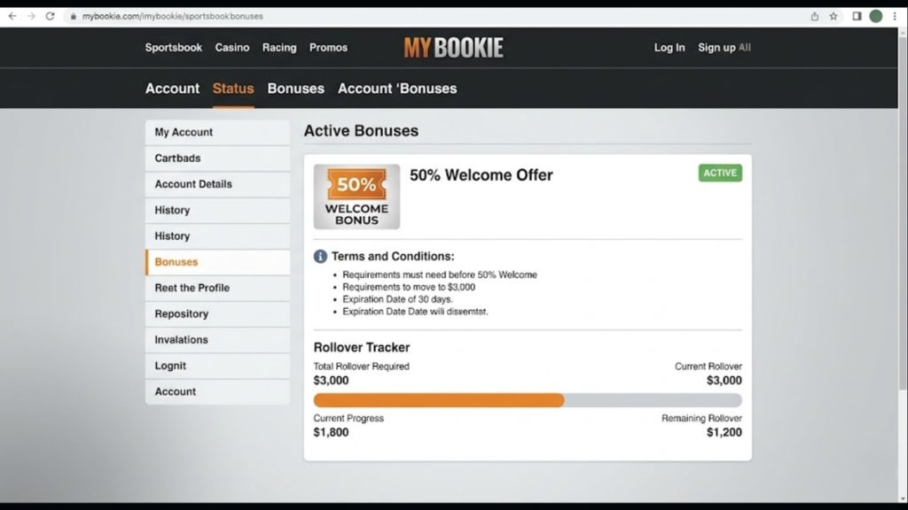 A desktop screenshot of the MyBookie account dashboard displaying an active 50% Welcome Offer bonus alongside a visual rollover tracker bar, useful for analyzing promotions in MyBookie vs BetUS reviews.