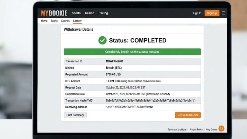 A laptop screen displaying a successful MyBookie Bitcoin withdrawal confirmation page with a transaction ID, hash, and status marked as completed, demonstrating payout speed for a MyBookie vs BetUS comparison.